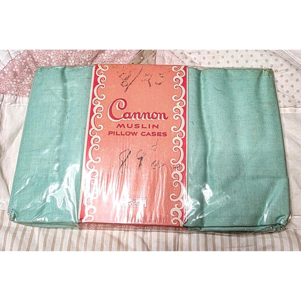 Cannon Fine Muslin Pillow Case Pair Green New Old Stock